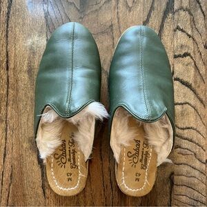 Sabah Green Leather Loafers with Fur Lining